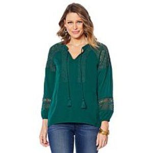 Colleen Lopez Green Crochet Trim Peasant Blouse L